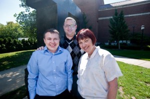 Left to right: Aiden Powell, a graduate student and part of Purdue's trans* community, Lowell Kane, and Gail Walenga, Director of Purdue's student Health Center.